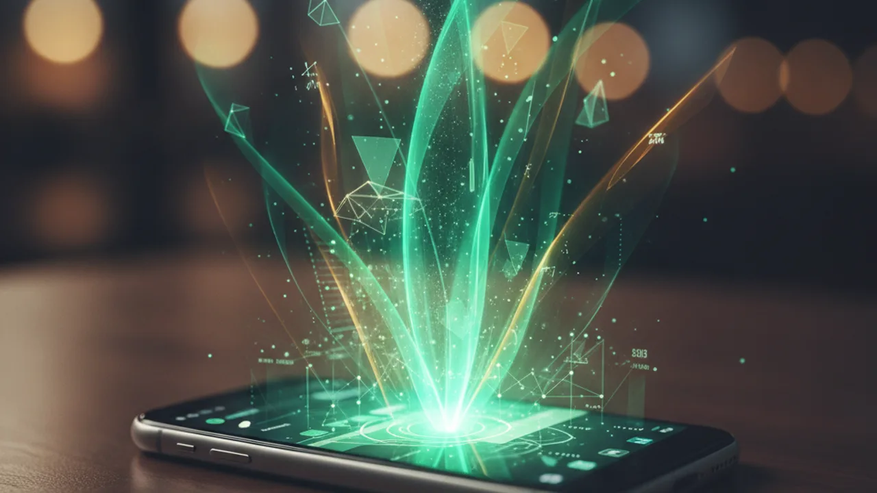 Karanlık ortamda telefon ekranından yükselen soyut veri ışıkları